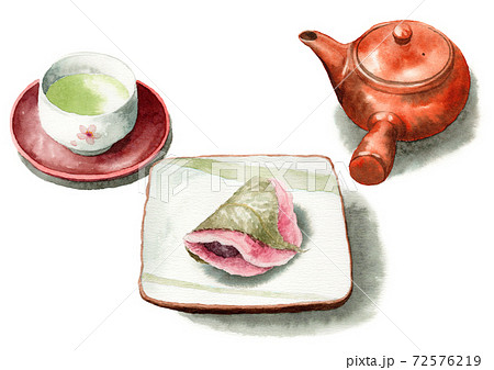 アナログ水彩桜餅焼き皮とお茶 72576219