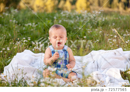 Cute little funny baby child sitting in chamomile field 72577565