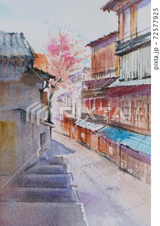 金沢ひがし茶屋街町並みの水彩画風景画のイラスト素材