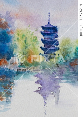 京都 五重塔 水彩画風景画のイラスト素材