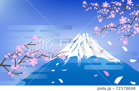 青い空と富士山と桜の木と花びらの風景イラストのイラスト素材