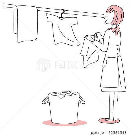 手描き1color 家事 エプロンの女性 全身 洗濯を干すのイラスト素材
