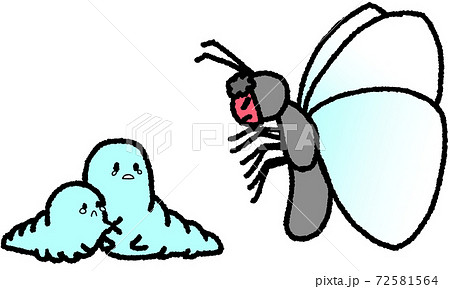 鬼のお面をかぶった蝶と怖がるいもむし2匹 水色 のイラスト素材