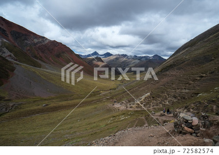 南米ペルーの秘境アンデス山脈に突如現れるレインボーマウンテン（ビニクンカ山）高山植物と動物 72582574
