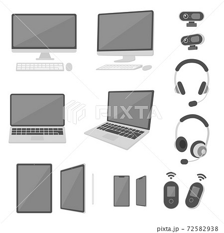 パソコンやwebカメラ マイク等のテレワークに必要なガジェットセットのイラスト素材