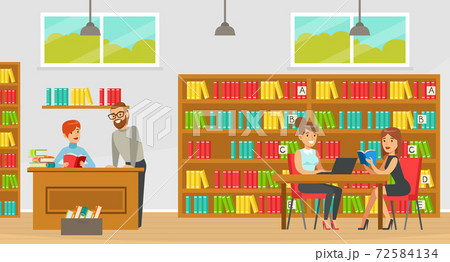 Library Interior with People Reading Books and Librarian at Service Desk, Education and Knowledge Concept Cartoon Vector Illustration 72584134