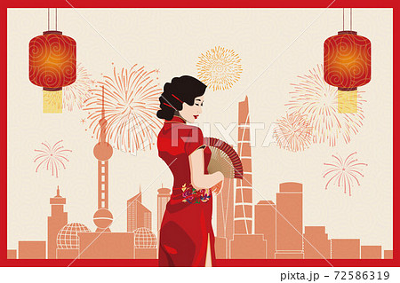 Young Asian Woman In Red Chinese Traditional のイラスト素材