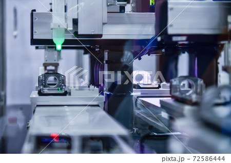 Manufacturing process of camera parts in industrial plants on conveyor belts in factories 72586444