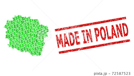 Scratched Made in Poland Stamp Imitation and Green Customers and Dollar Mosaic Map of Kujawy-Pomerania Province Scratched Made in Poland Stamp Imitation and Green Customers and Dollar Mosaic Map of Kujawy-Pomerania Province 72587523