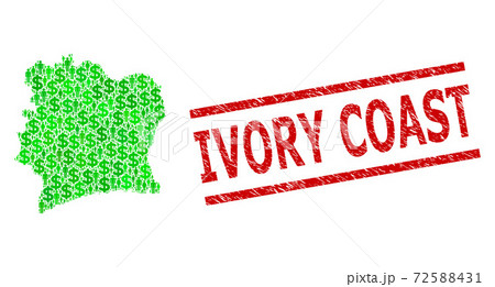 Distress Ivory Coast Stamp Seal and Green People and Dollar Mosaic Map of Ivory Coast 72588431