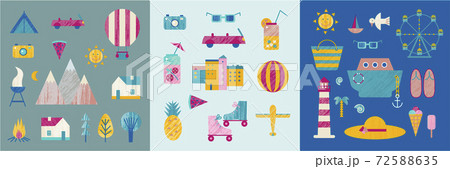 Vector set of summer flat textured icons, illustrations, design elements. Travel, beach elements, hiking, plane, party Vector set of summer flat textured icons, illustrations, design elements. Travel, beach elements, hiking, plane, party 72588635