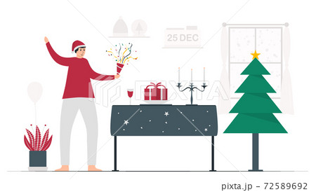 The single man celebrates Christmas day alone. Real life party at home. 25 december. Vector illustration in flat style. 72589692
