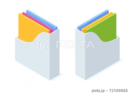 Isometric office paper tray with colorful folders and file document. Isometric office paper tray with colorful folders and file document. 72589888