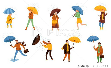 Walking Under Umbrella People Characters in Rainy Day Vector Illustration Set Walking Under Umbrella People Characters in Rainy Day Vector Illustration Set 72590633