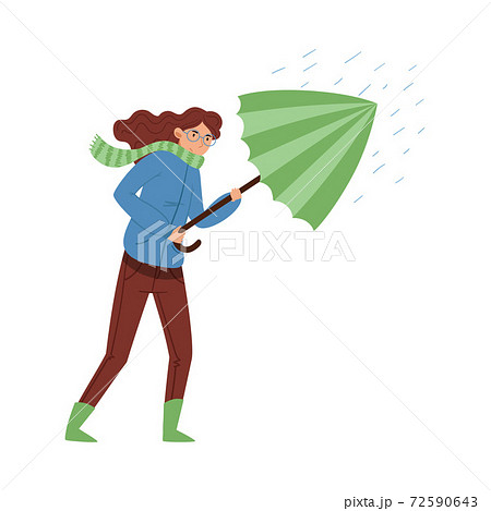 Young Woman Struggling Against Wind Holding Umbrella in Rainy Autumn Day Vector Illustration 72590643