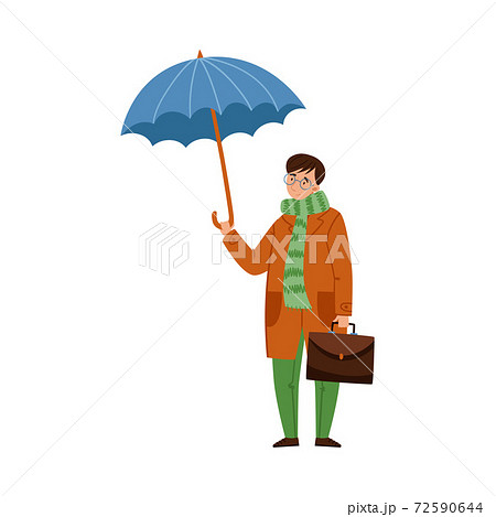 Young Man Character Standing Under Umbrella in Rainy Day Vector Illustration 72590644