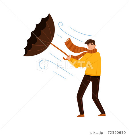Struggling Against Wind Man Holding Umbrella in Rainy Autumn Day Vector Illustration 72590650