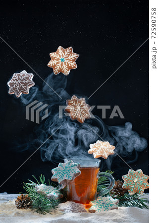 Christmas composition with hot tea and cookie snowflakes 72590758