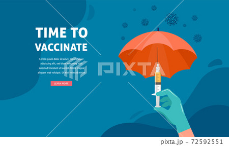 Vaccination concept design. Time to vaccinate banner. Umbrella-shaped syringe with vaccine for COVID 72592551