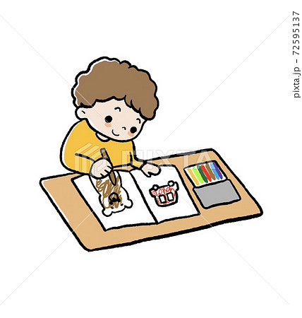 ぬりえをする男の子のイラストのイラスト素材