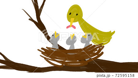 鳥の巣に餌を運ぶ母鳥とそれを待つひな達のイラストのイラスト素材