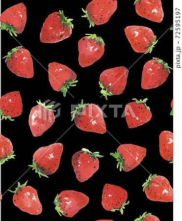 水彩シームレスのイチゴ柄 苺 フルーツ 果物 黒バック 背景色のバリエーションありのイラスト素材