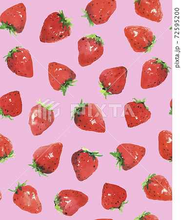 水彩シームレスのイチゴ柄 苺 フルーツ 果物 ビッドなピンク色バック 背景色のバリエーションありのイラスト素材