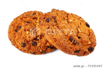 Two chocolate chip cookies isolated on white background 72595497
