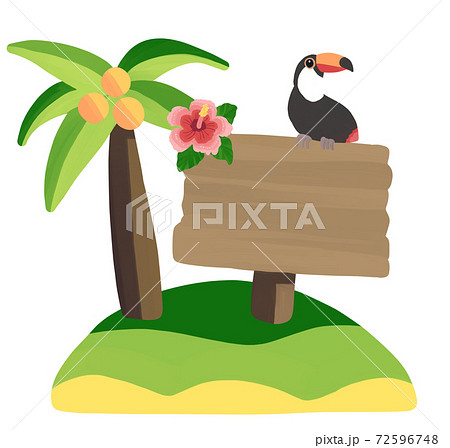 ヤシの木の島と立て看板 南国イメージのイラスト素材