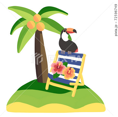 ヤシの木の島とオニオオハシ 南国イメージのイラスト素材