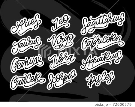 Zodiac lettering Vector Sign. Cartoon astrology text illustration. Horoscope handwritten icon set. Zodiac lettering Vector Sign. Cartoon astrology text illustration. Horoscope handwritten icon set. 72600579