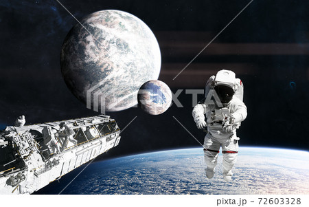 Space station, astronaut on background of planets in deep space Space station, astronaut on background of planets in deep space 72603328