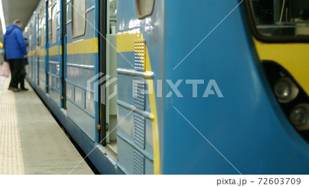 Close up view of train at indoor subway station. Close up view of train at indoor subway station. 72603709