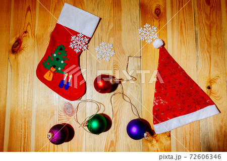 christmas socks and santa hat with balls snowflakes christmas socks and santa hat with balls snowflakes 72606346