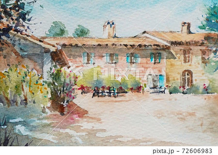 南フランスの小さな村 水彩画 風景画のイラスト素材
