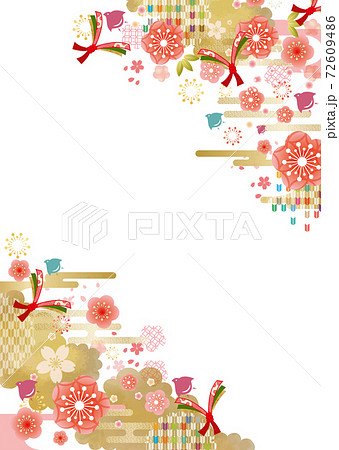 梅の花と和柄の背景フレーム　 72609486