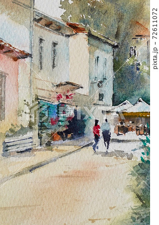 街の風景 水彩画 老舗 A street corner at night along Odori Park in Sapporo. Watercolor