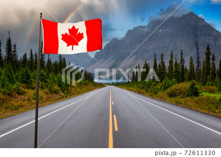Canadian National Flag Comoposite. Scenic Road in the Rockies. Canadian National Flag Comoposite. Scenic Road in the Rockies. 72611330