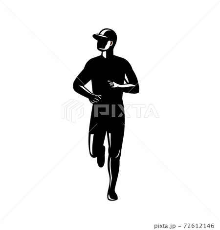 Silhouette of Country Marathon Runner Running Front View Retro Black and White Silhouette of Country Marathon Runner Running Front View Retro Black and White 72612146