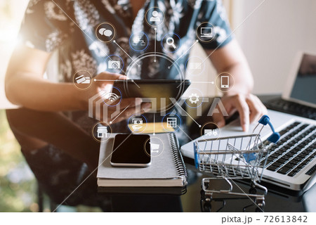 Online shopping concept, Male shopping online is a form of electronic commerce from a seller over internet. Online shopping concept, Male shopping online is a form of electronic commerce from a seller over internet. 72613842