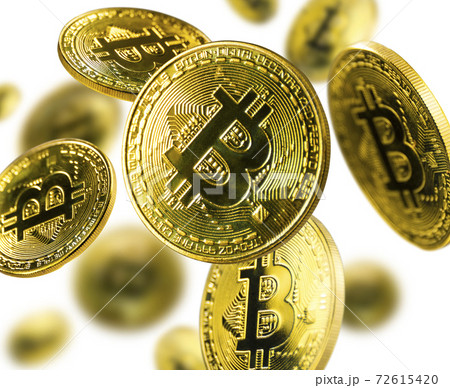 Gold Bitcoin coins flying on a white background 72615420