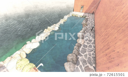 温泉　露天風呂　海　人なしイラスト77 72615501
