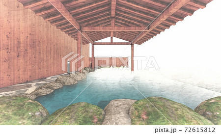 温泉 露天風呂 海 屋根あり 人なし イラスト68のイラスト素材