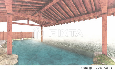 温泉　露天風呂　海　屋根あり　人なし　イラスト69 72615813