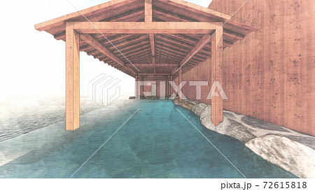 温泉　露天風呂　海　屋根あり　人なし　イラスト64 72615818