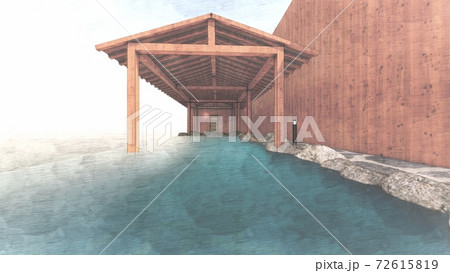 温泉　露天風呂　海　屋根あり　人なし　イラスト65 72615819