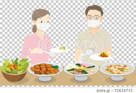 マスクで料理を取る人のイラスト素材
