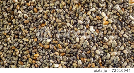 Chia seeds close-up background macro. The texture of the Chia seeds. Healthy food. banner 72616944