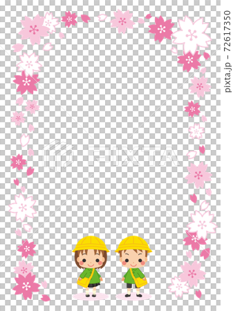 幼稚園に入園する可愛い女の子と男の子のイラスト 仲良しキッズペア 桜フレームのイラスト素材