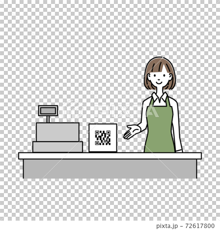 Qrコードの案内をする女性レジ店員 イラストのイラスト素材